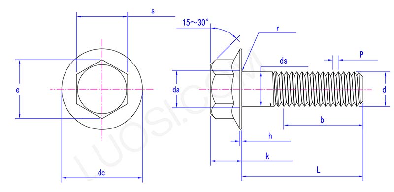 Hexagon head bolts with flange structure diagram